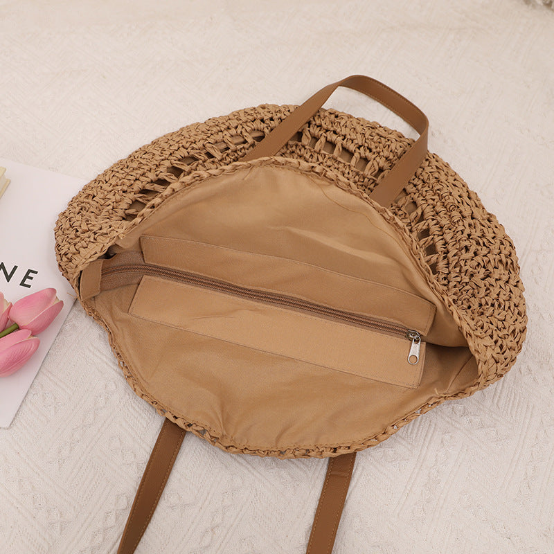 round Straw Bag One Shoulder Portable Hollow Out Cutout out Straw Bag Woven Bag Women Summer Seaside Casual Vacation Beach Bag Bella Mia