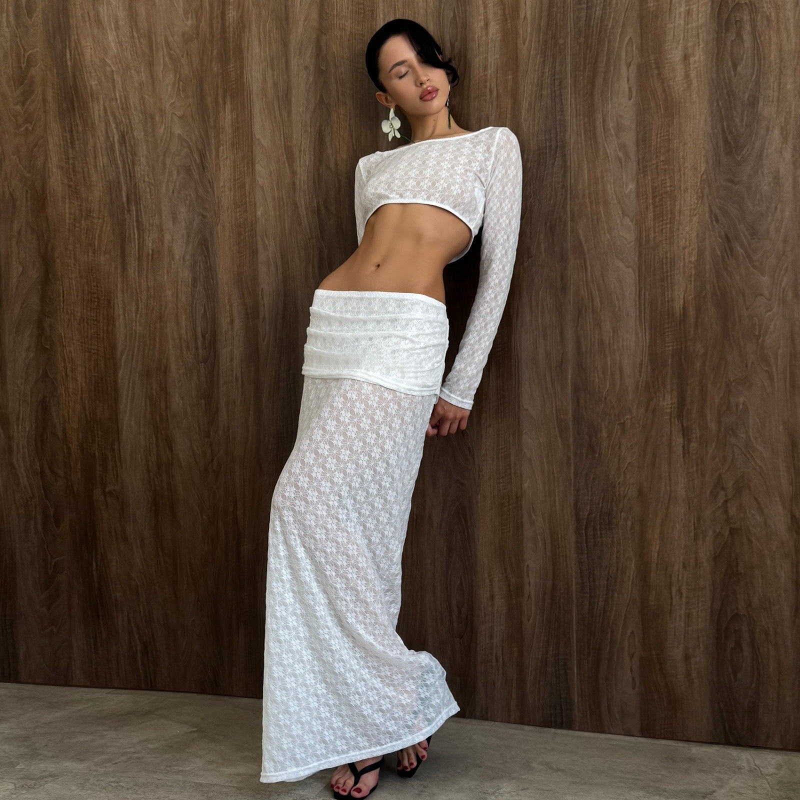 Women Clothing Autumn Sexy round Neck Cropped Long Sleeve Top Low Waist Skirt Set Bella Mia