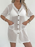 Women Clothing Sexy Cutout Beach Beach Cover Up Button Cardigan Double Pocket Vacation Overclothes Bella Mia