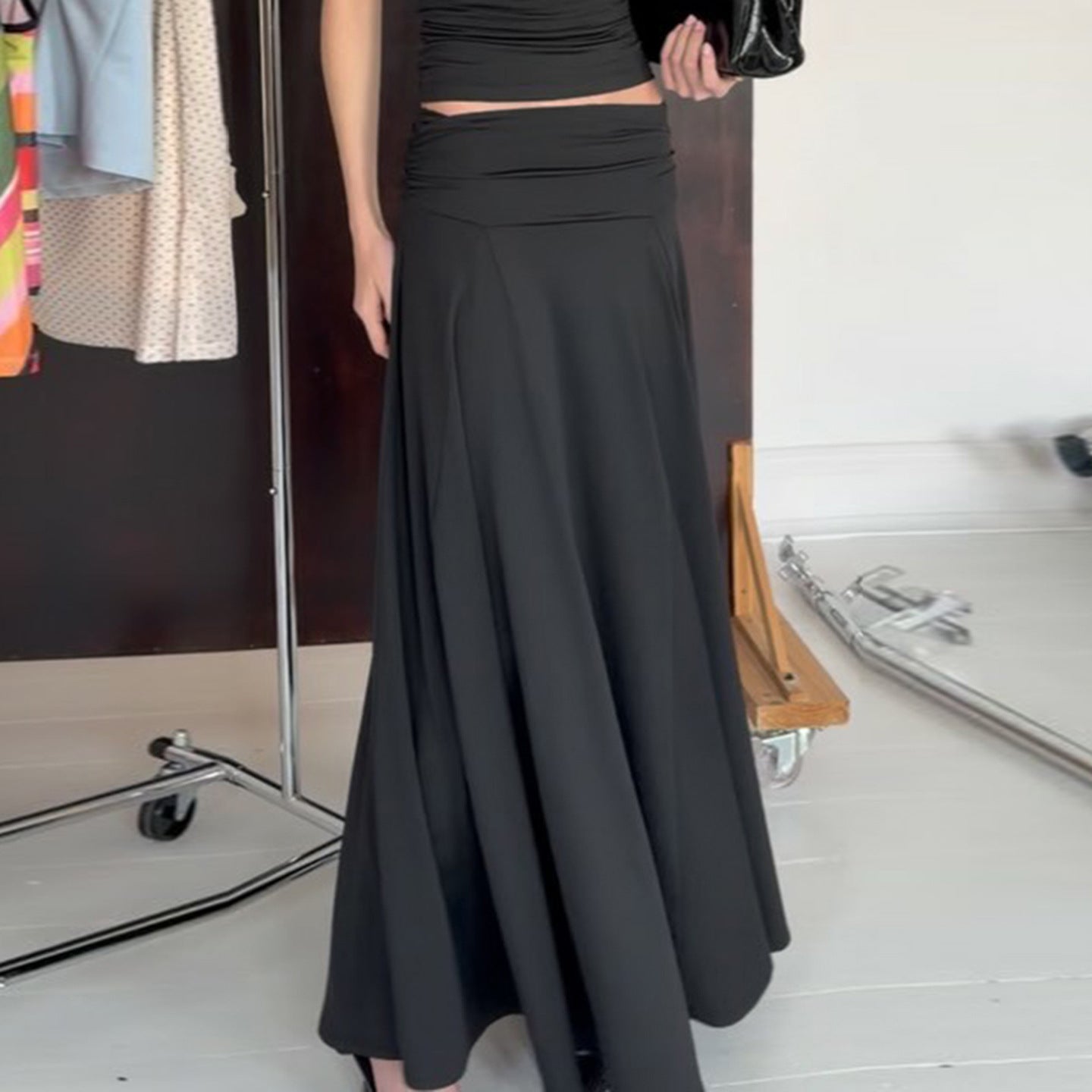 Summer Wide Waist Head Draping Solid Color Minimal Skirt Fashionable Elegant Gentle A line Dress Women