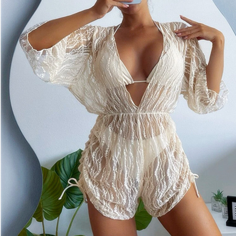 Long Sleeve Mesh Corset Swimsuit Women High Waist Drawstring Sun Protective Blouse Three Piece Bikini Bella Mia