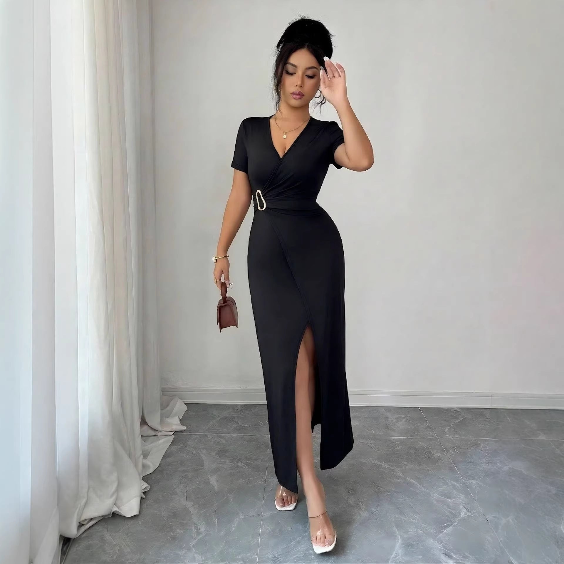 V neck Cross Metal Buckle Pleated Waist Tight High Slit Dress Women Summer Dress
