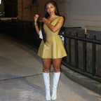 Faux Leather Women Clothing U Collar Sleeveless Sexy Patchwork Personality Dress Bella Mia