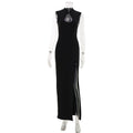 Sexy Adult Lady like Woman Clothing Solid Color Cheongsam Button Hollow Out Cutout Sleeveless Slim Vest Dress High Slit Maxi Dress
