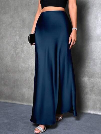 Satin Skirt Autumn Winter Simple A line Long Skirt Women Clothing Bella Mia