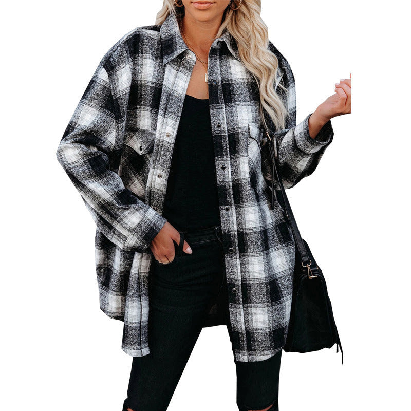 Women Clothing Autumn Winter Plaid Shirt Mid-Length Loose Lapels Cardigan Shirt Bella Mia