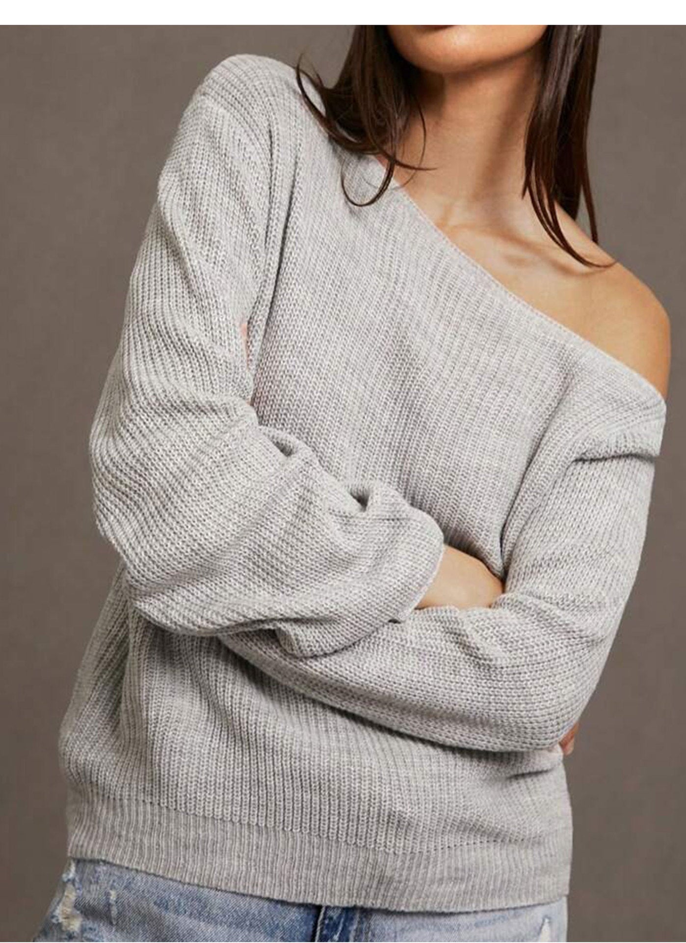 off Shoulder Shoulder Baring Knitwear Women Loose Solid Color Sweater Autumn Winter Lazy Wind Long Sleeve Top