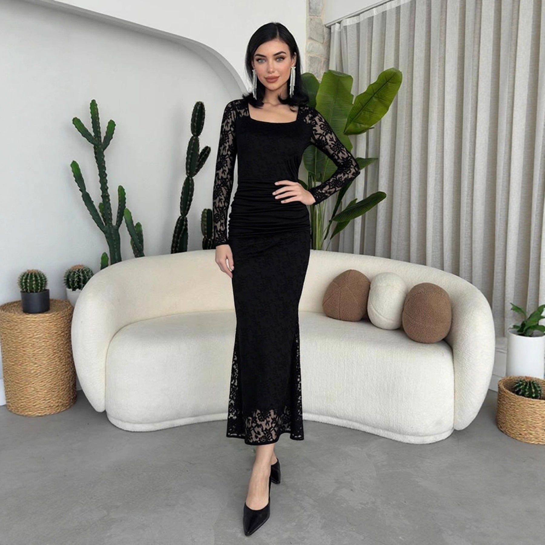 Autumn Winter Women Clothing Fashionable Elegant Lace Stitching Square Collar Slimming Pleated Maxi Dress Bella Mia