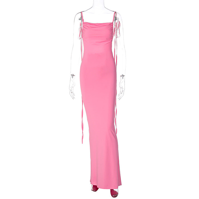 Solid Color Sexy Backless Pleated Long Elegant Slim Strap Dress for Women Bella Mia