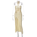 Women Clothing Summer Solid Color Corset Halter Lace up Ring Connection Hollow Out Cutout Slit Dress Bella Mia