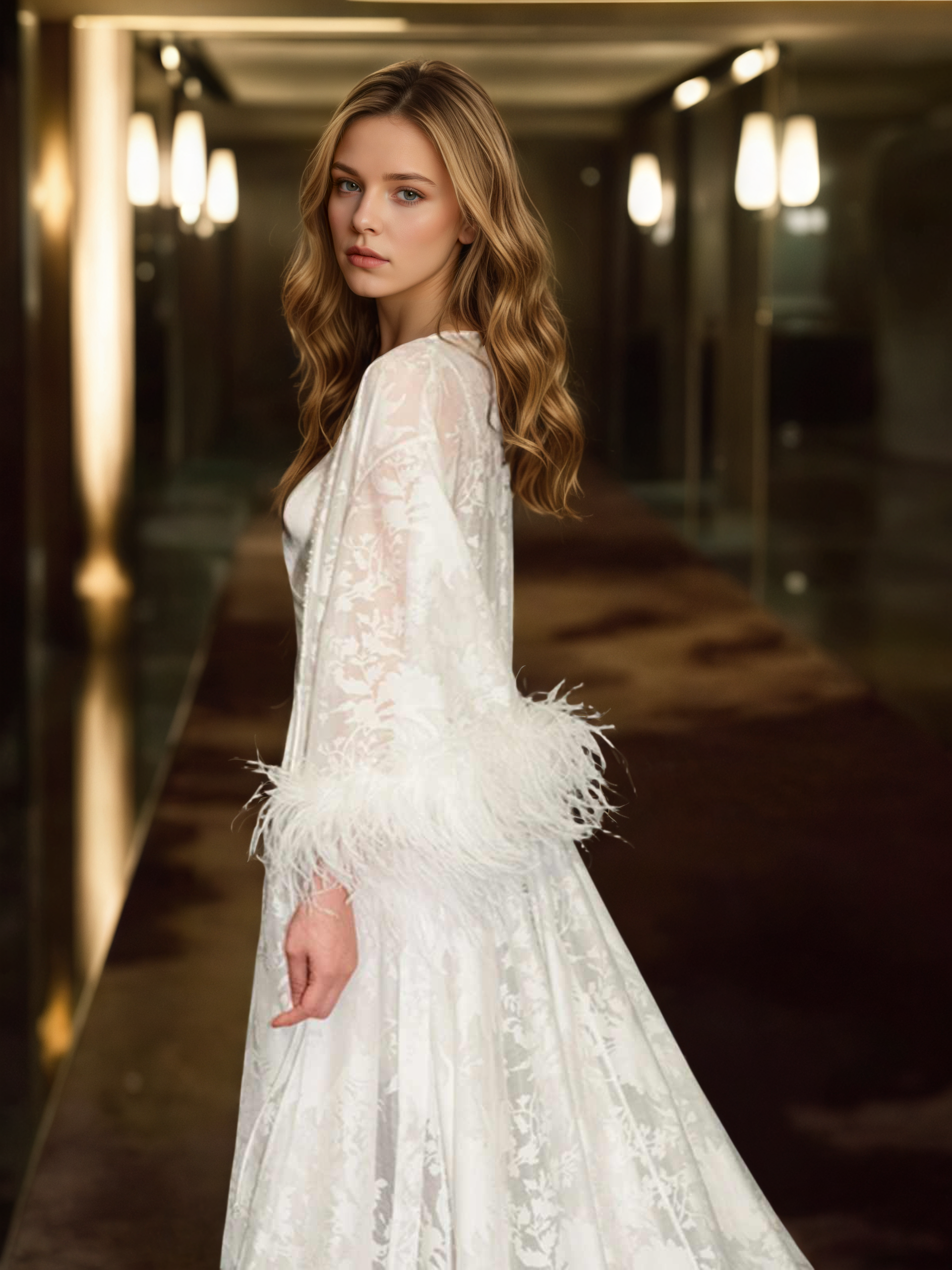 Luxury White Feather Trim Lace Long Robe Dress Set | Bridal Getting Ready & Photoshoot Gown SelenaHuanStudio