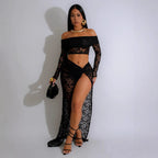 Sexy Tube Top Lace Suit Skirt Autumn Long Sleeve Pleated High Slit Women Skirt Bella Mia