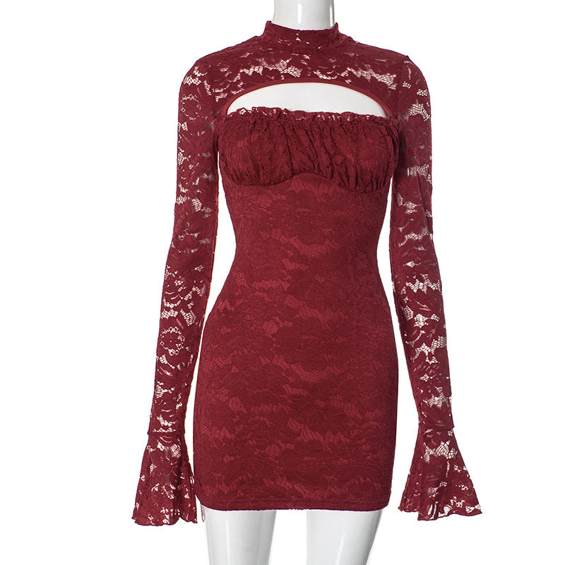Women Clothing Lace Stitching Chest Hollow Out Cutout Flared Sleeve Waist Hip dress Bella Mia