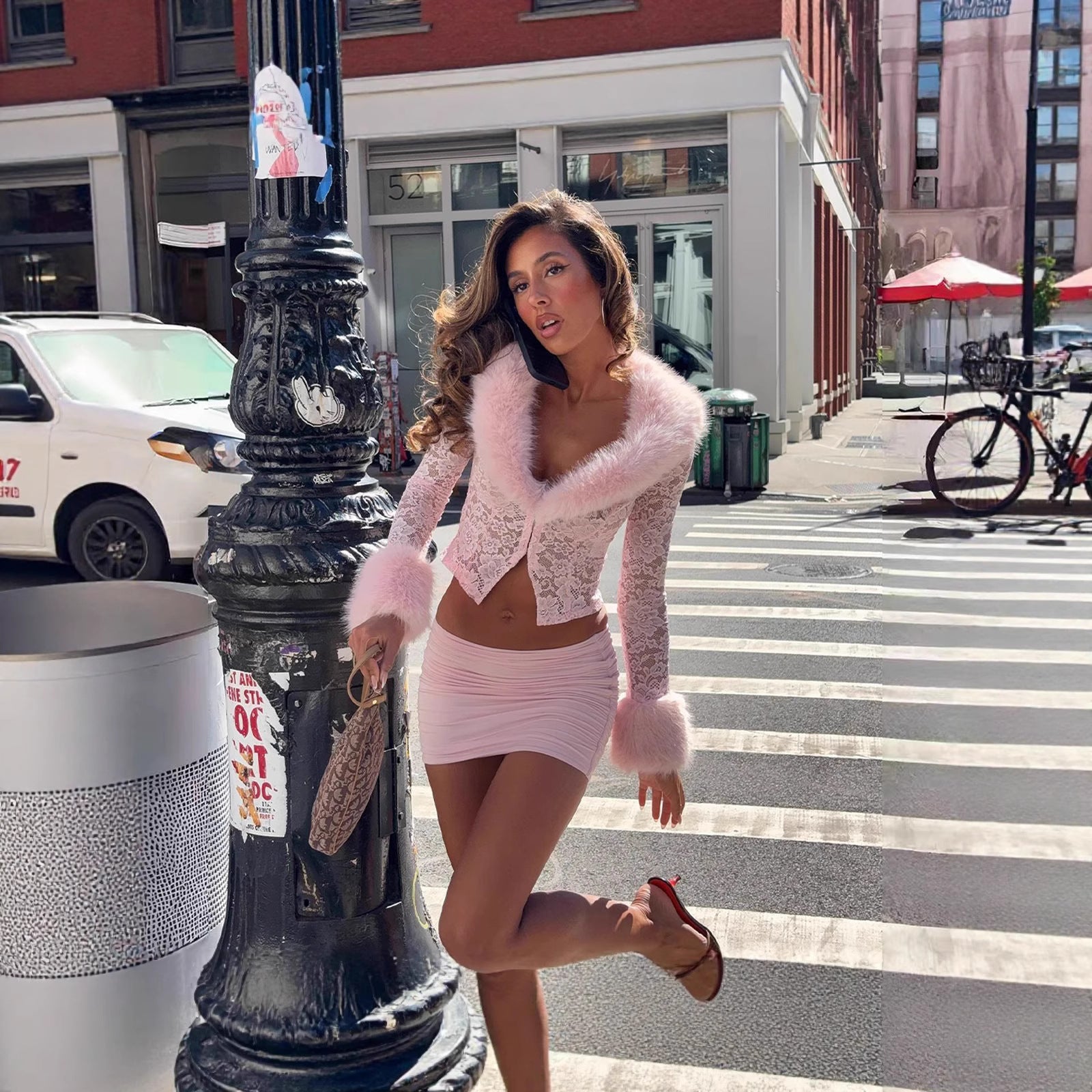 Women Clothing Autumn Winter Street Lace Plush Long Sleeved Top Sexy Skirt Set Bella Mia