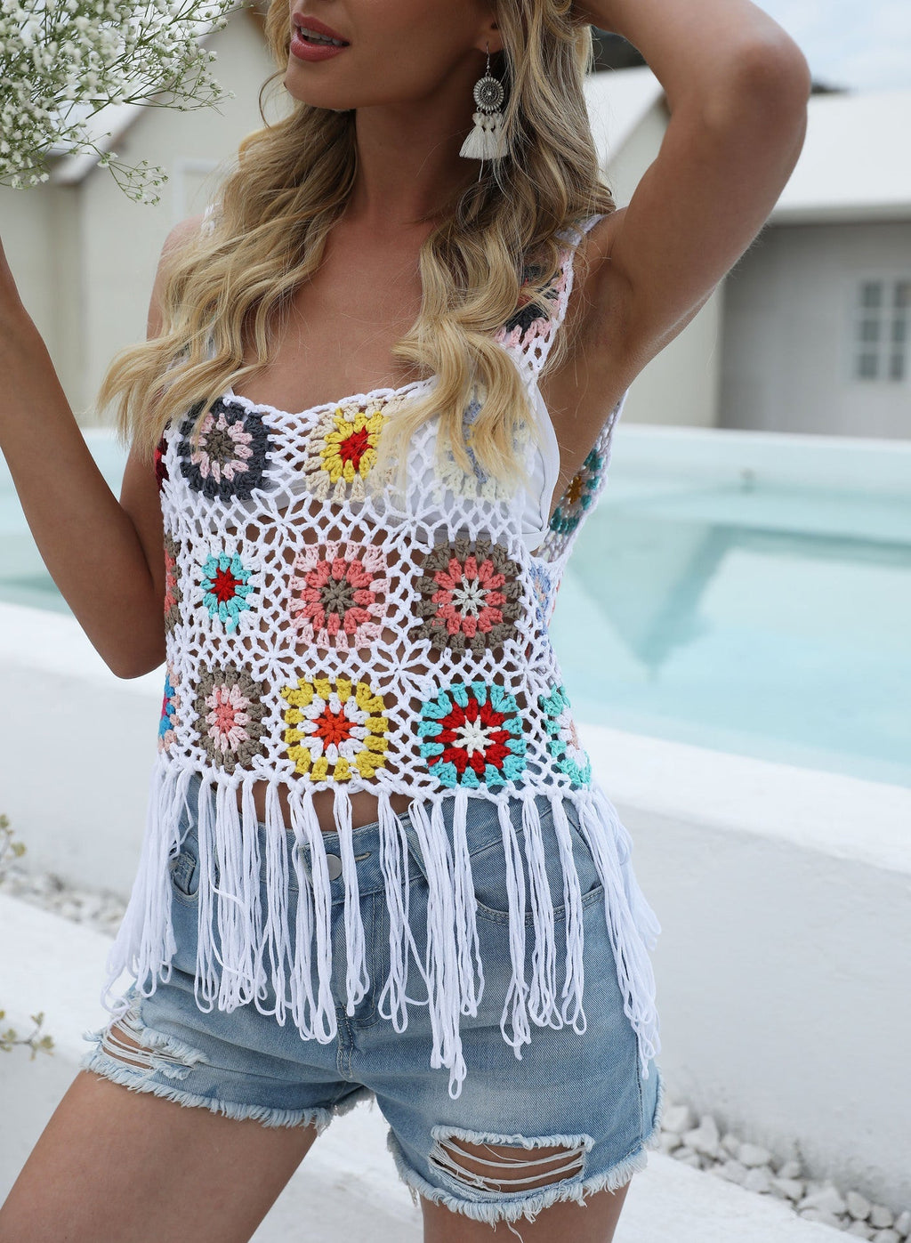 Women Clothing Women Top Pure Hand Crocheting Mixed Color Non-Positioning Floral Block Tassel Stitching Vest Top Bella Mia