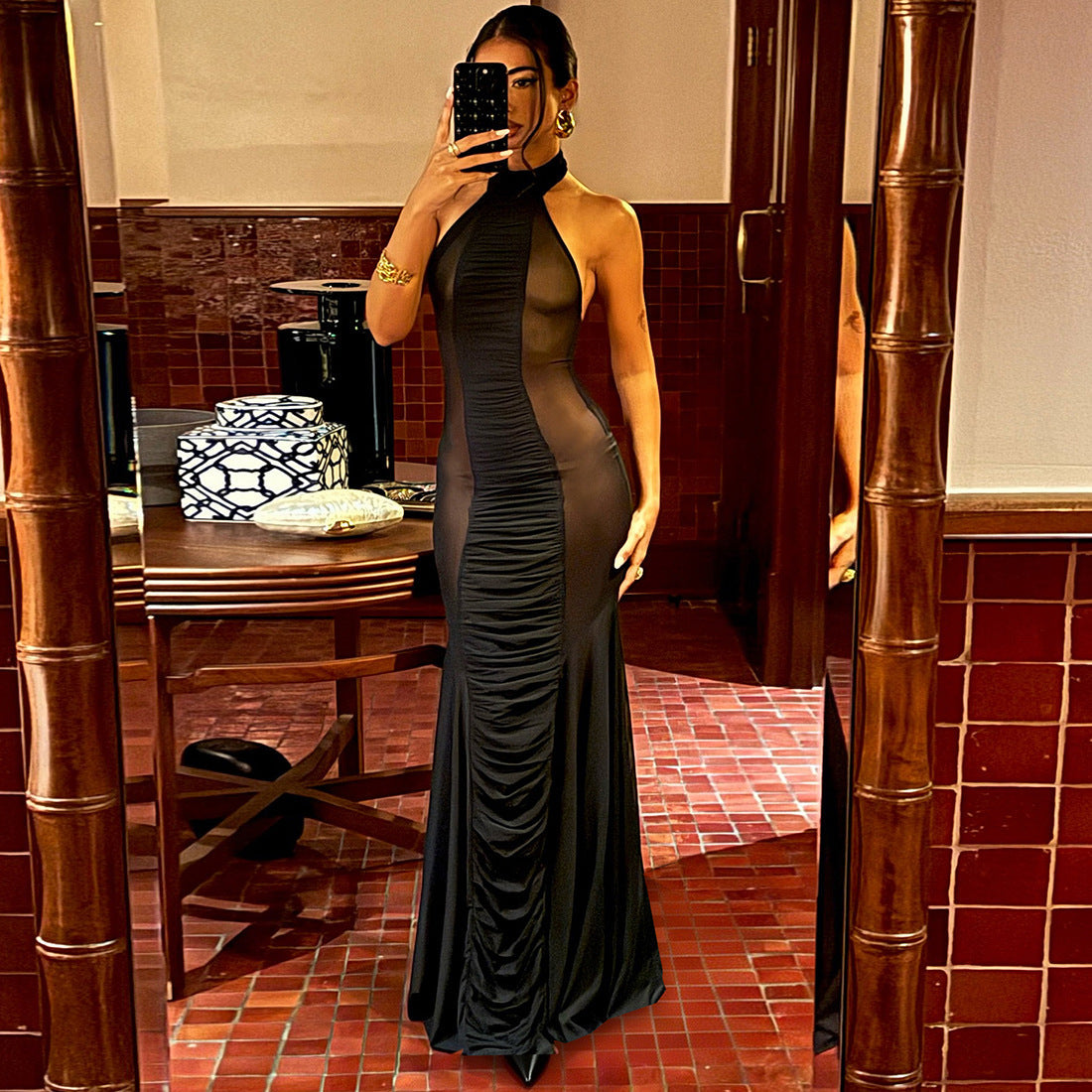 Spring Women Clothing Halter Backless Gauzy Stitching See through Sexy Slim Dress