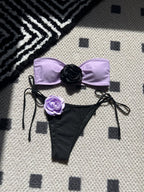 Color Matching Rose Tube Top Lace up Drawstring Strap Split Swimsuit Bikini Bella Mia
