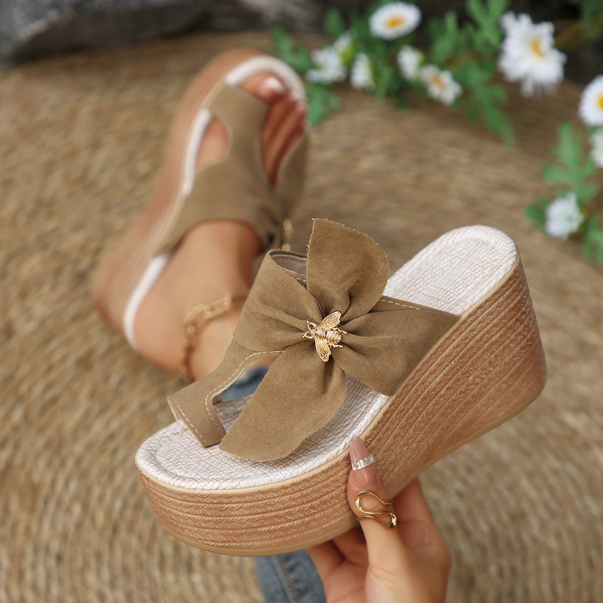 Metal Buckle Suede Toe Covering Wedge Slippers Women Bow Platform Muffin Beach Sandals