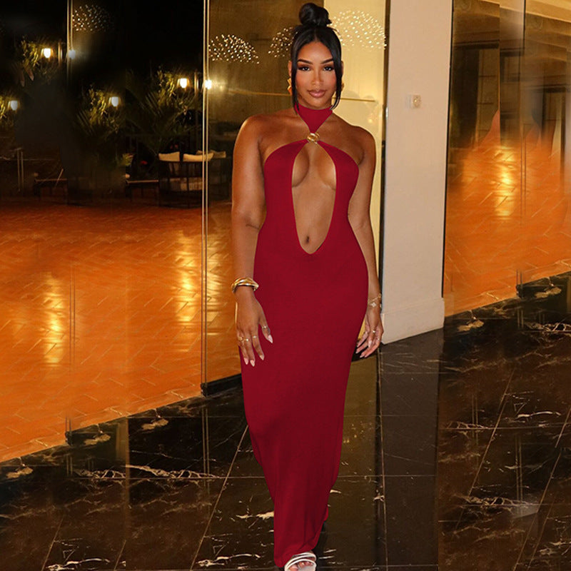 Women Clothing Winter Solid Color Tied Halter Sexy Cutout Slim Fit Dress Bella Mia