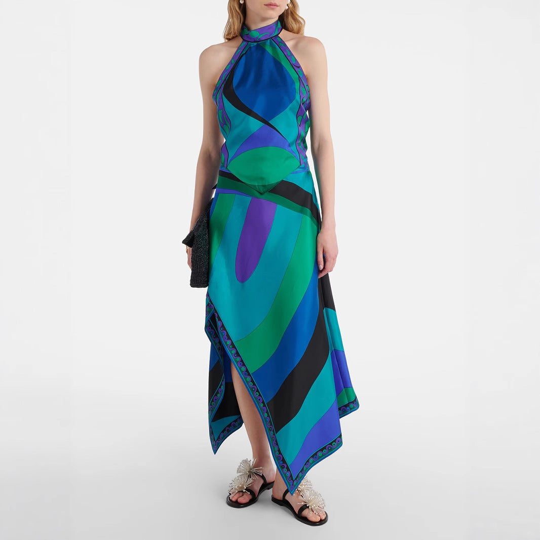 Printed Satin Halter Backless Top Irregular Asymmetric Skirt Two Piece Sets Bella Mia