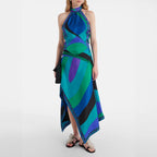 Printed Satin Halter Backless Top Irregular Asymmetric Skirt Two Piece Sets Bella Mia