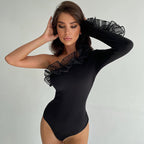 Autumn Winter Women Clothing Mesh Flying Shoulder Sleeve Slim Sheath Bodysuit T shirt for Women Bella Mia