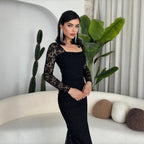 Autumn Winter Women Clothing Fashionable Elegant Lace Stitching Square Collar Slimming Pleated Maxi Dress Bella Mia