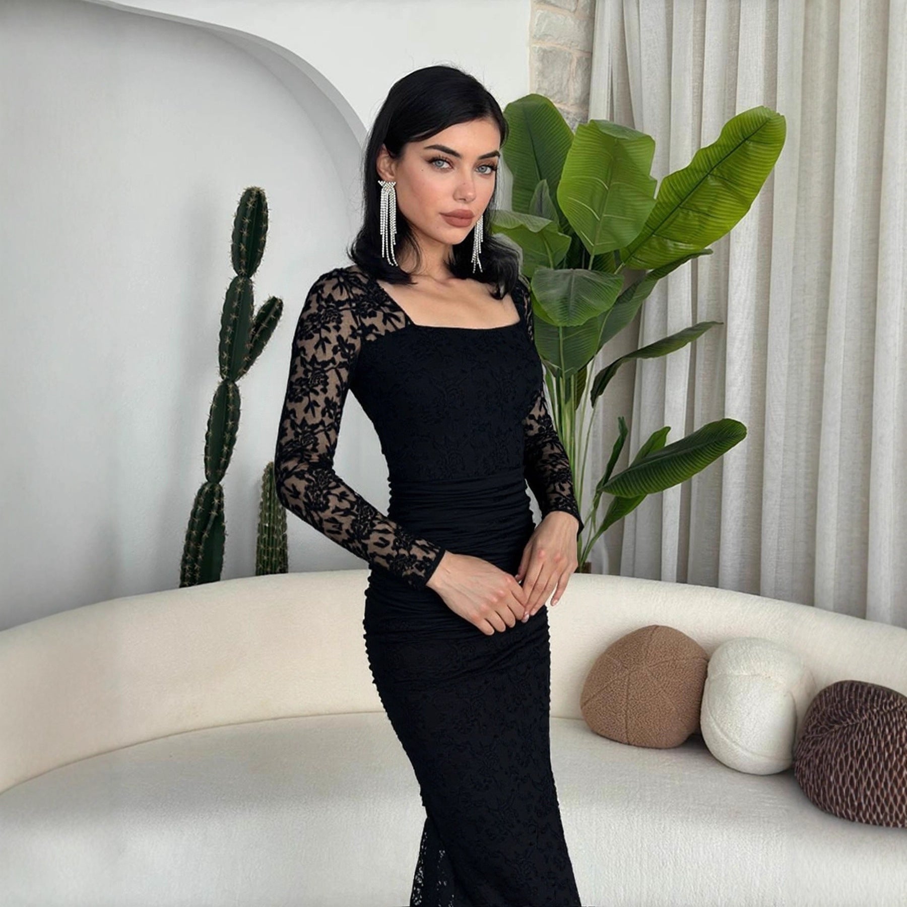 Autumn Winter Women Clothing Fashionable Elegant Lace Stitching Square Collar Slimming Pleated Maxi Dress Bella Mia