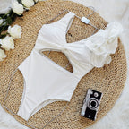 Sporlike Solid Color Hollow Out Cutout out Swimsuit Female New High Waist Backless Ruffle Swimwear Bella Mia