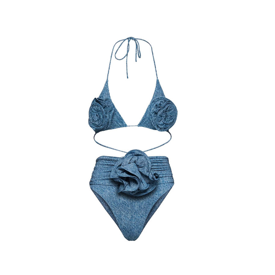 Popular Floral Decoration One Shoulder Hollow Out Cutout Soft Denim One Piece Swimsuit Women Bella Mia