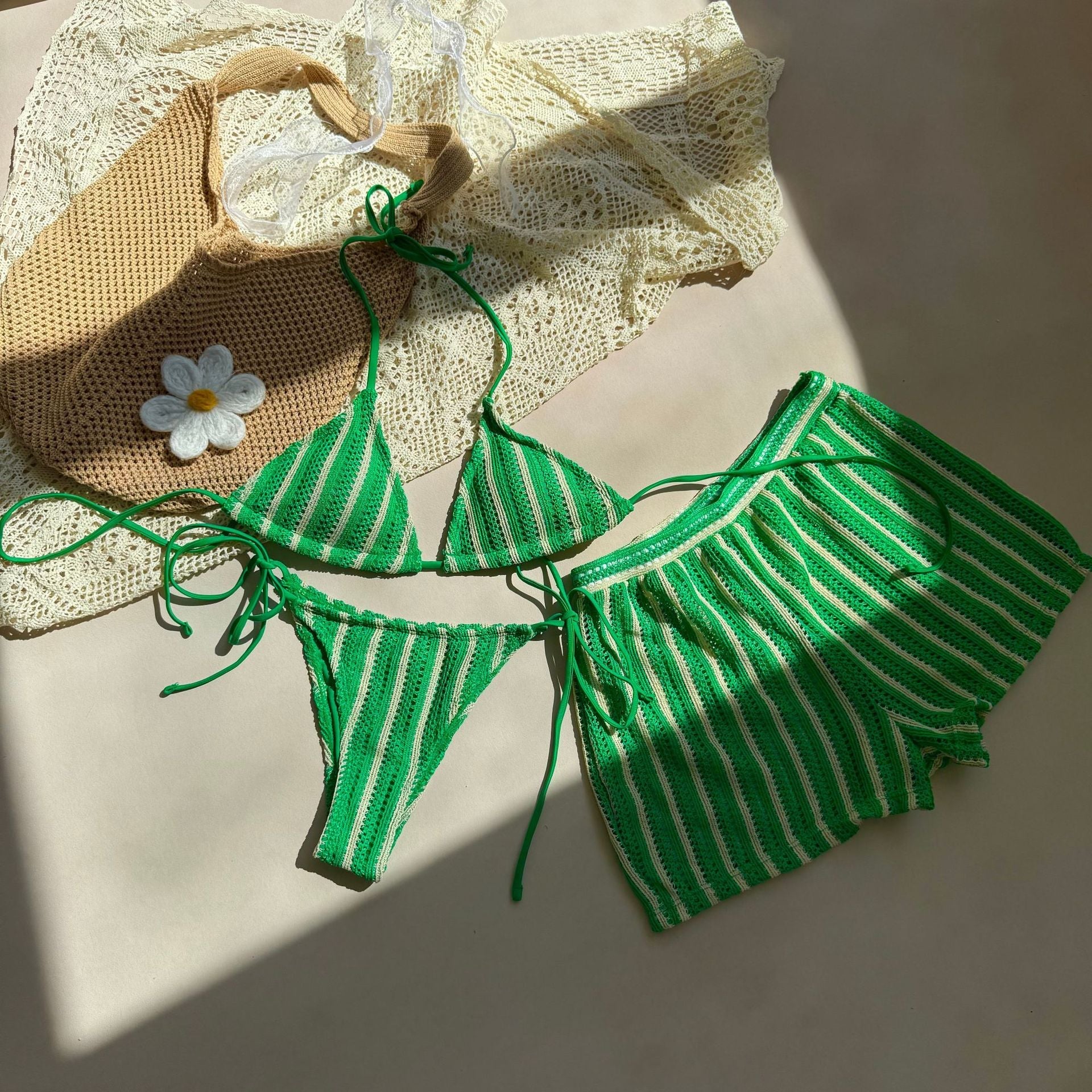 Sexy Lace up Striped Three Piece Swimsuit Bikini