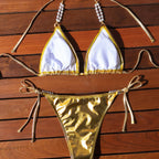 Swimsuit Women Sexy Backless Halter Lace up Bikini Golden Swimsuit