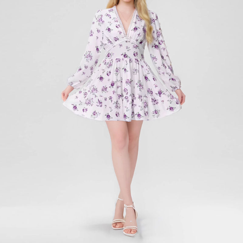Spring Women Clothing Sweet Elegance Printed V neck Lace Waist Trimming Short Dress Bella Mia