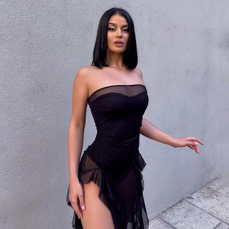 Spring Summer Women Mesh Sexy Personalized Irregular Asymmetric Slit Tassel Tube Top Jumpsuit Women Bella Mia