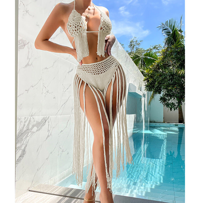 Beach Tourism Hand Crocheting Three Dimensional Floral Tassel Beach Sexy Open Back Swimsuit Bikini Set Crochet hook Bella Mia