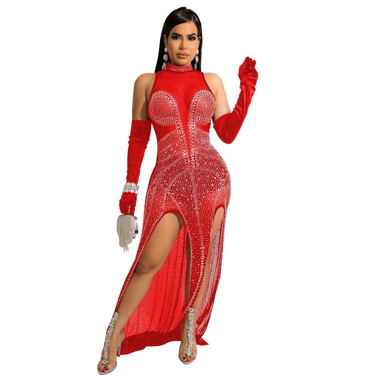 Autumn Women Clothing Sexy Mesh Rhinestone See through Dress Women Bella Mia