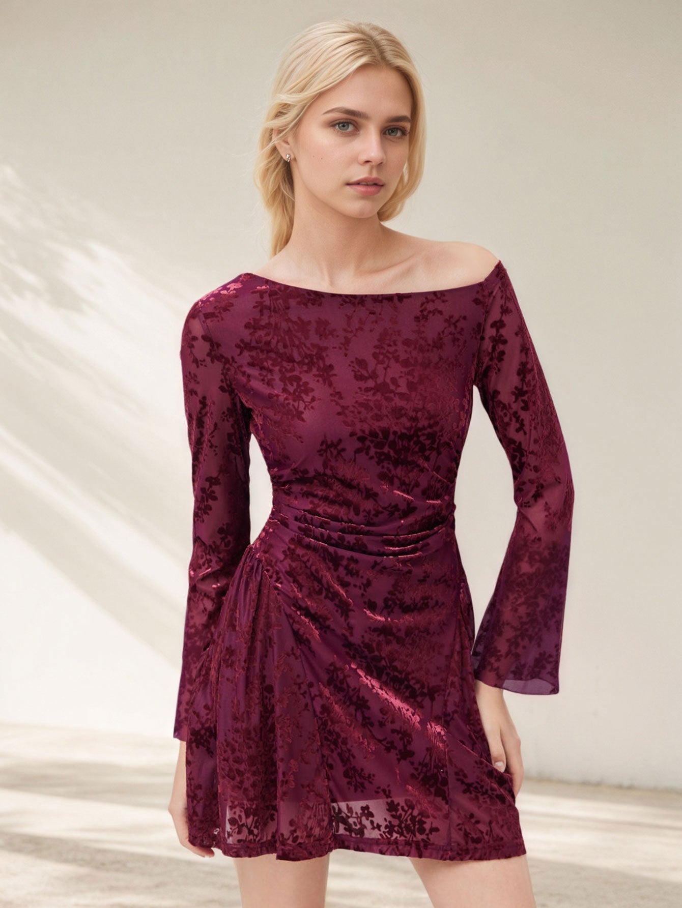 Arrival Women Clothing Sexy off the Shoulder Short Dress Velvet Burnt Floral Long Sleeve Mini Dress Bella Mia