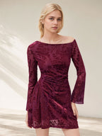 Arrival Women Clothing Sexy off the Shoulder Short Dress Velvet Burnt Floral Long Sleeve Mini Dress Bella Mia