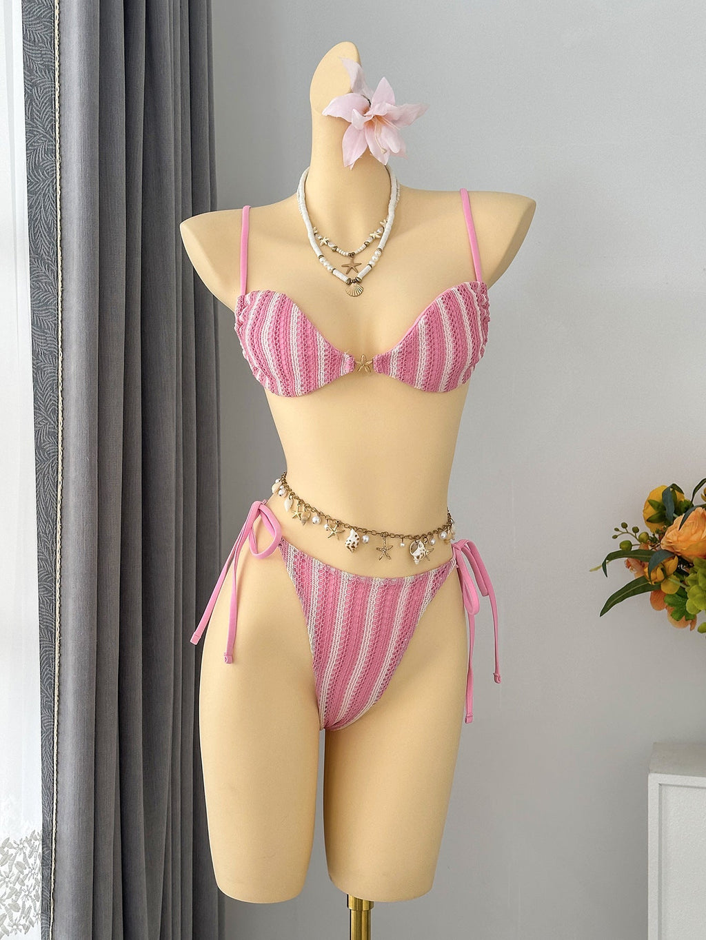 Sexy Striped Halter Lace up Beach Vacation Tube Top Bikini Split Swimsuit Bikin Bella Mia