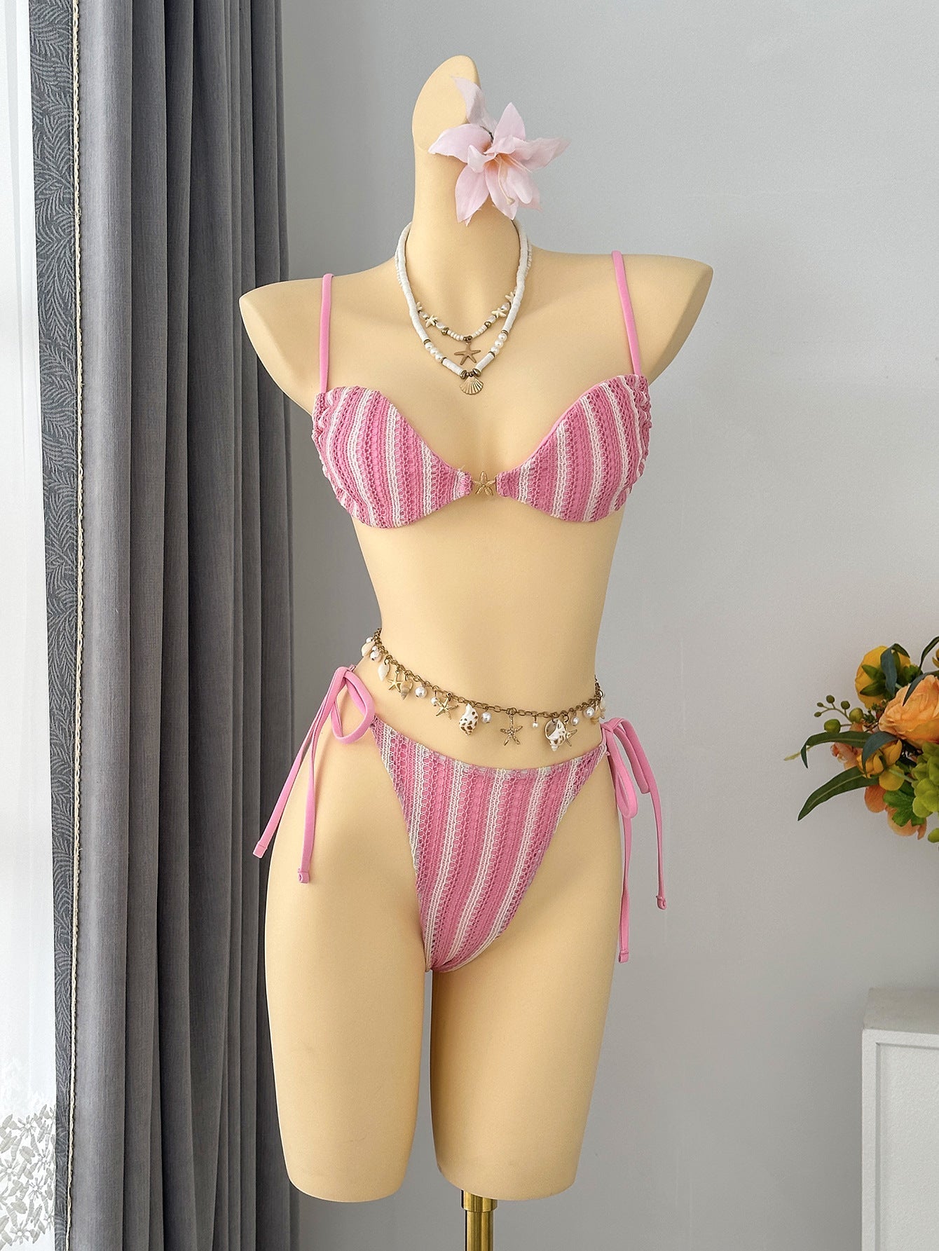 Sexy Striped Halter Lace up Beach Vacation Tube Top Bikini Split Swimsuit Bikin Bella Mia
