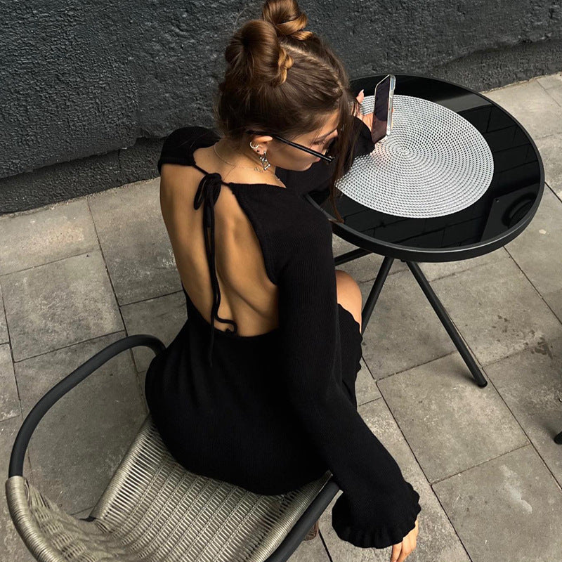 Woolen Sexy Tether Backless Dress Winter Horn Long Sleeve Solid Color Short Dress Bella Mia