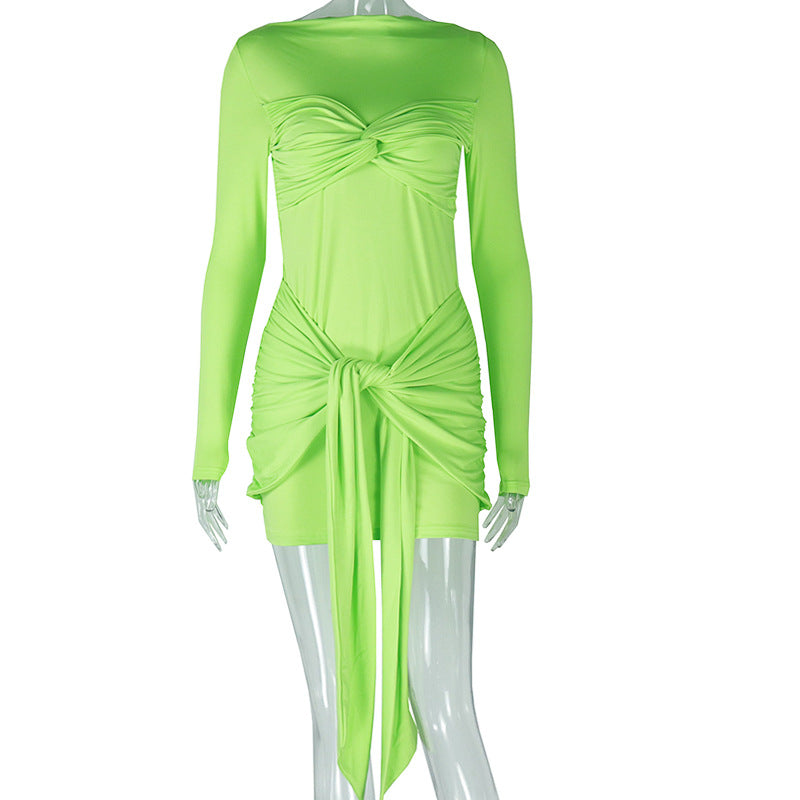 Women Clothing Elegant Stitching Solid Color Tied Bag Hip Long Sleeve round Neck High Waist Short Dress Bella Mia