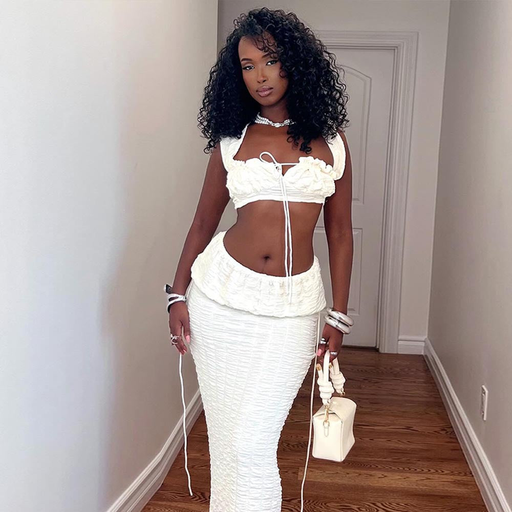 Women Clothing Autumn Lace up Cropped Pleated Sexy Skirt Set Bella Mia