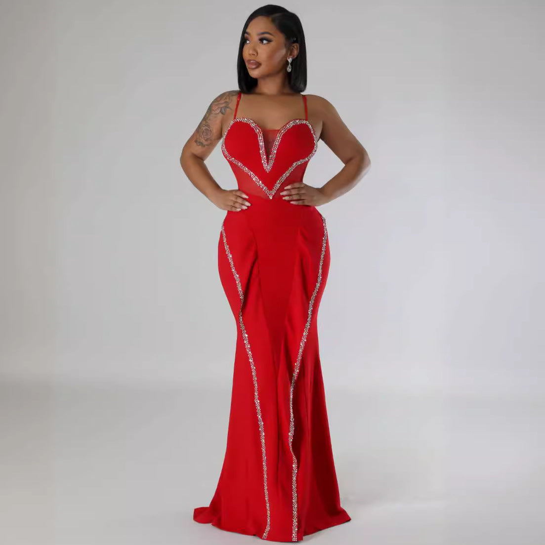 Sexy Rhinestone Mesh See Through Stitching Lace Hip Elastic Sling Dress