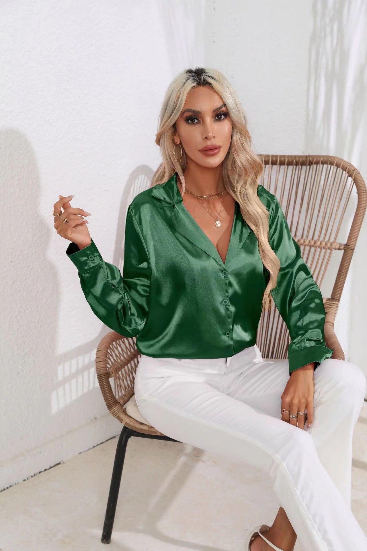 Popular Real Collar Satin Shirt Women Satin Artificial Silk Long Sleeve Shirt Women Clothing Bella Mia