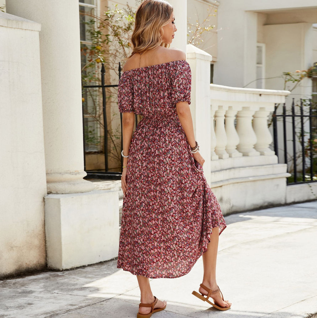 Women Floral off Shoulder Short Sleeve Retro Vacation Dress Bella Mia