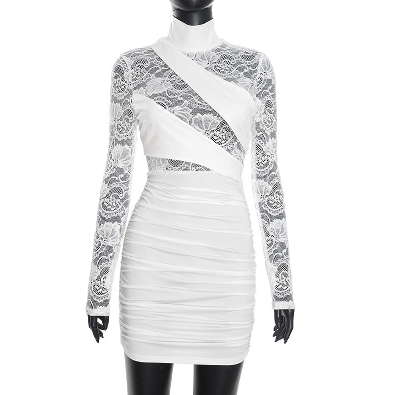 Women Clothing Autumn Winter Sexy Solid Color Half Collar Lace Stitching Long Sleeve Narrow Dress Bella Mia