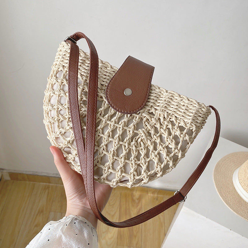 Fresh Hollow Out Cutout Semicircle Straw Bag Shoulder Crossbody Casual Straw Bag Woven Bag Vacation Beach Bag Bella Mia