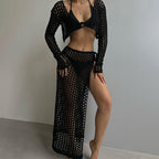 Summer Beach Women Solid Color Sexy Knitted Beach Bikini Swimsuit Blouse Sun Proof Set Bella Mia
