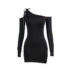 Spring Solid Color Diagonal Collar Lace Up Off Shoulder Long Sleeve Slim High Waist Dress Bella Mia